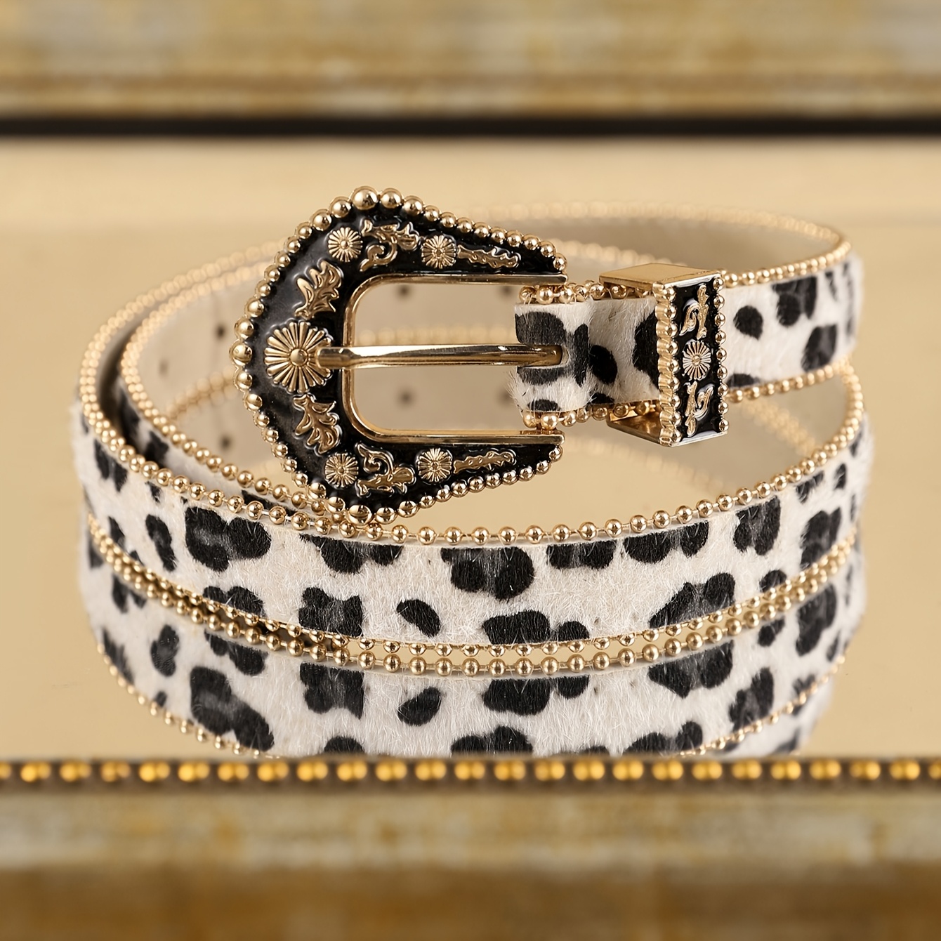 Boho Style Women's Cow Print Beaded Belt Faux Leather Accessory